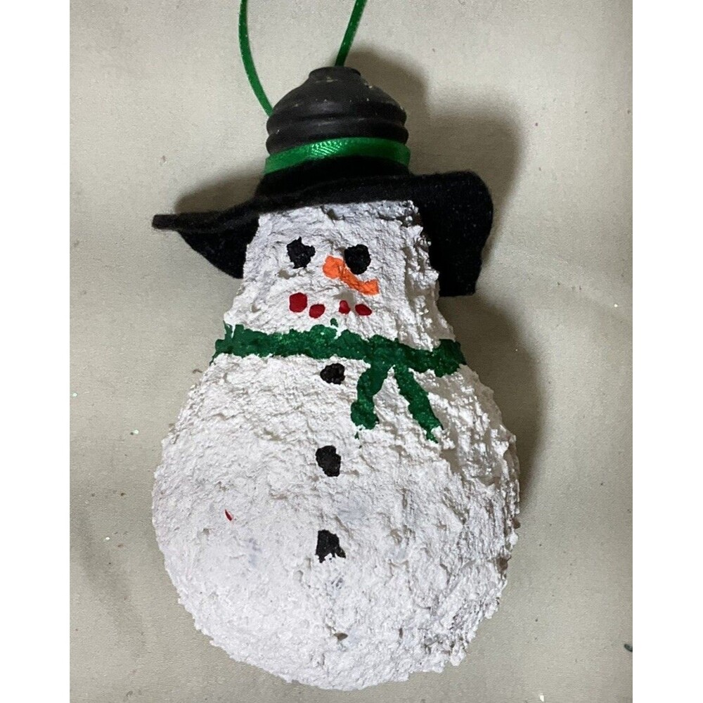 Handmade Cranky Snowman Christmas Ornament Painted Light Bulb 4 1/2" Tall
